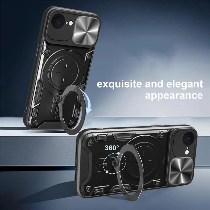 For iPhone 17e / 16e Case TPU + PC Phone Cover with Kickstand , Slide Lens Window - Black - 4