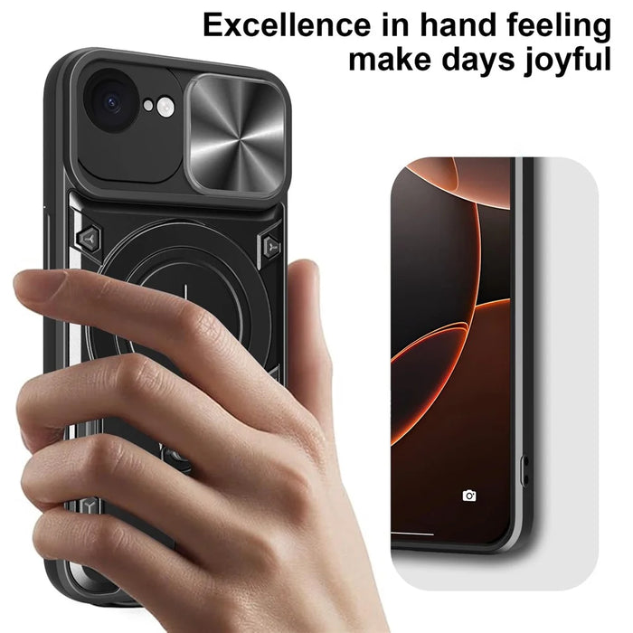 For iPhone 17e / 16e Case TPU + PC Phone Cover with Kickstand , Slide Lens Window - Black - 5