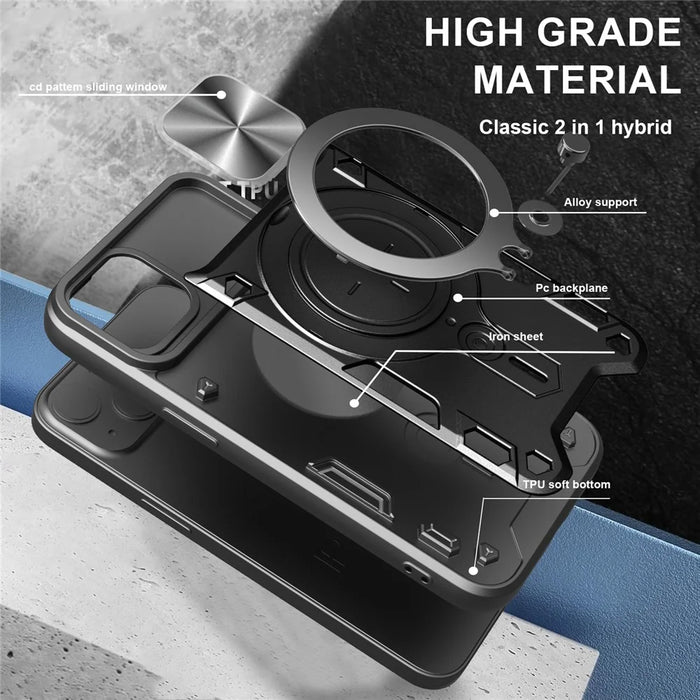 For iPhone 17e / 16e Case TPU + PC Phone Cover with Kickstand , Slide Lens Window - Black - 6