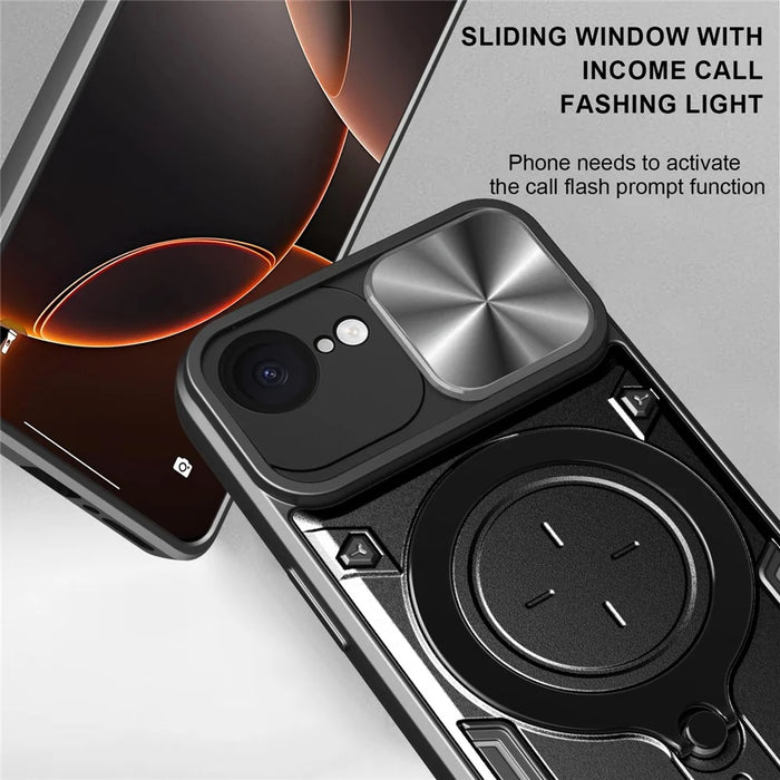 For iPhone 17e / 16e Case TPU + PC Phone Cover with Kickstand , Slide Lens Window - Black - 7