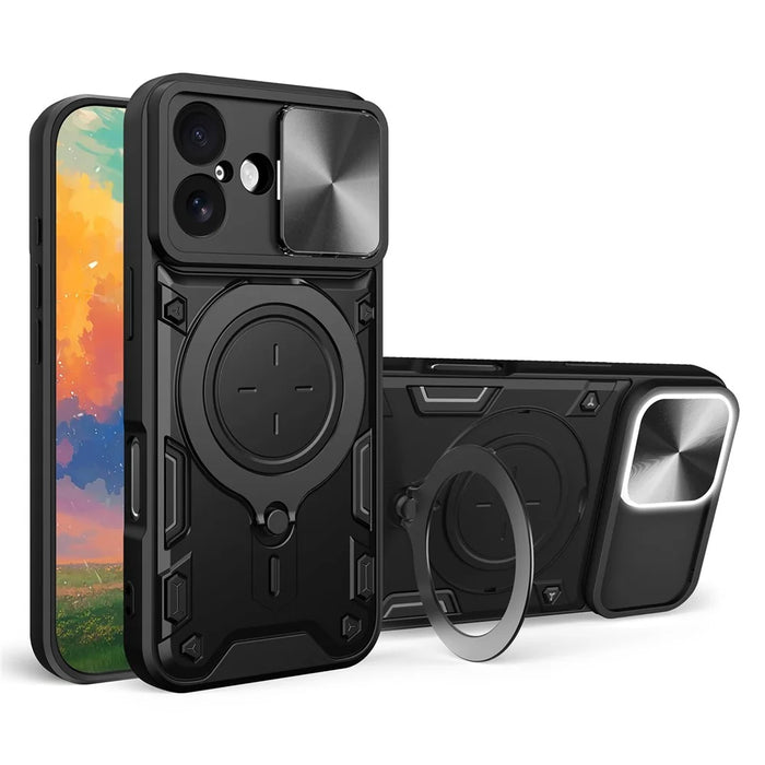For iPhone 17 Case TPU + PC Phone Cover with Kickstand , Slide Lens Window - Black - 1