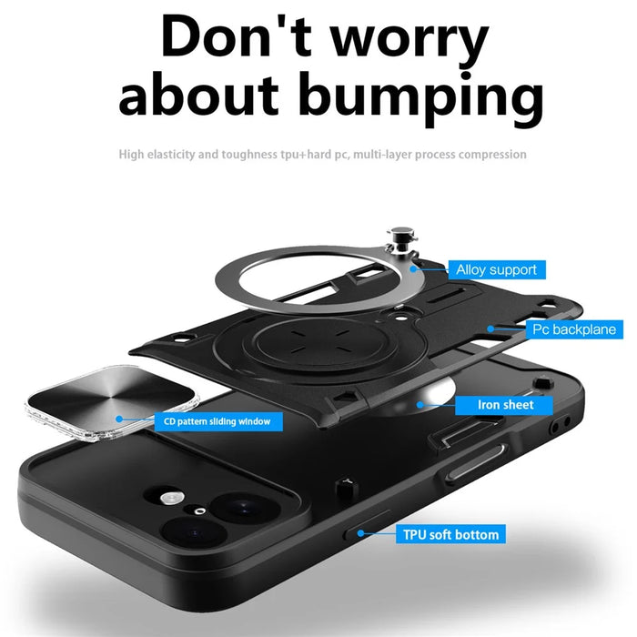 For iPhone 17 Case TPU + PC Phone Cover with Kickstand , Slide Lens Window - Black - 2