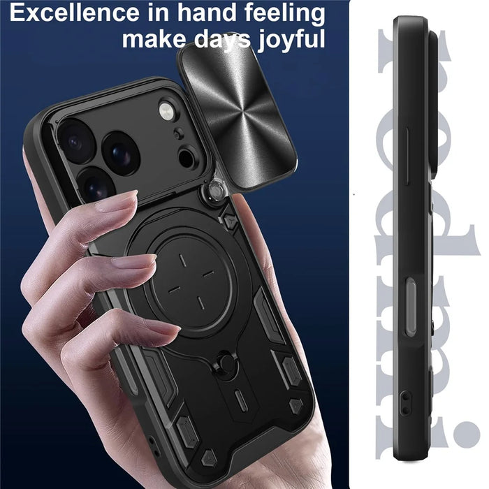 For iPhone 17 Pro Case TPU + PC Phone Cover with Kickstand , Slide Lens Window - Black - 4
