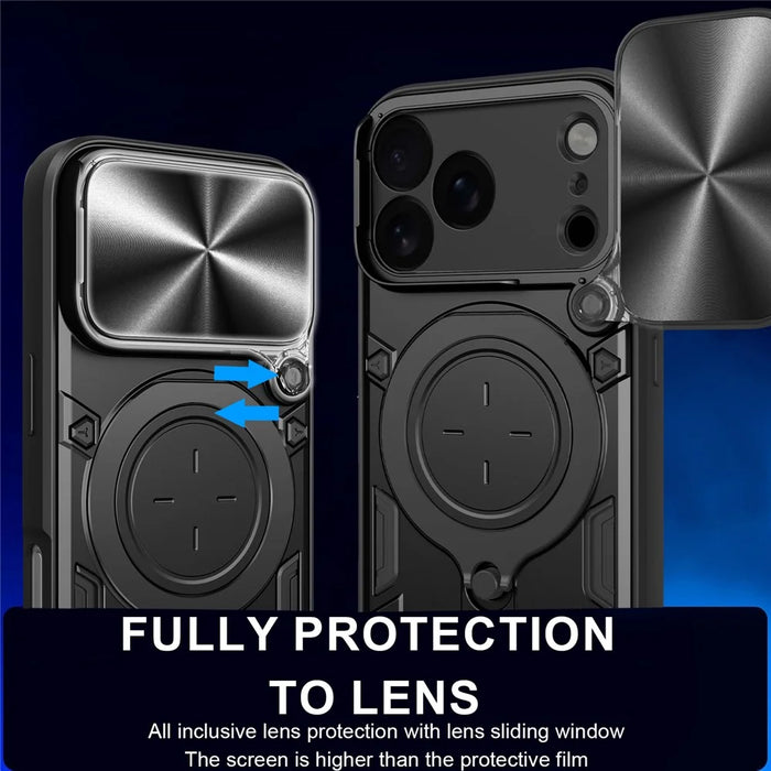 For iPhone 17 Pro Case TPU + PC Phone Cover with Kickstand , Slide Lens Window - Black - 6