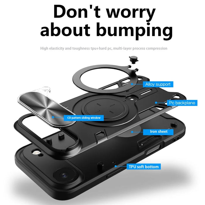 For iPhone Air Case TPU + PC Phone Cover with Kickstand , Slide Lens Window - Black - 2
