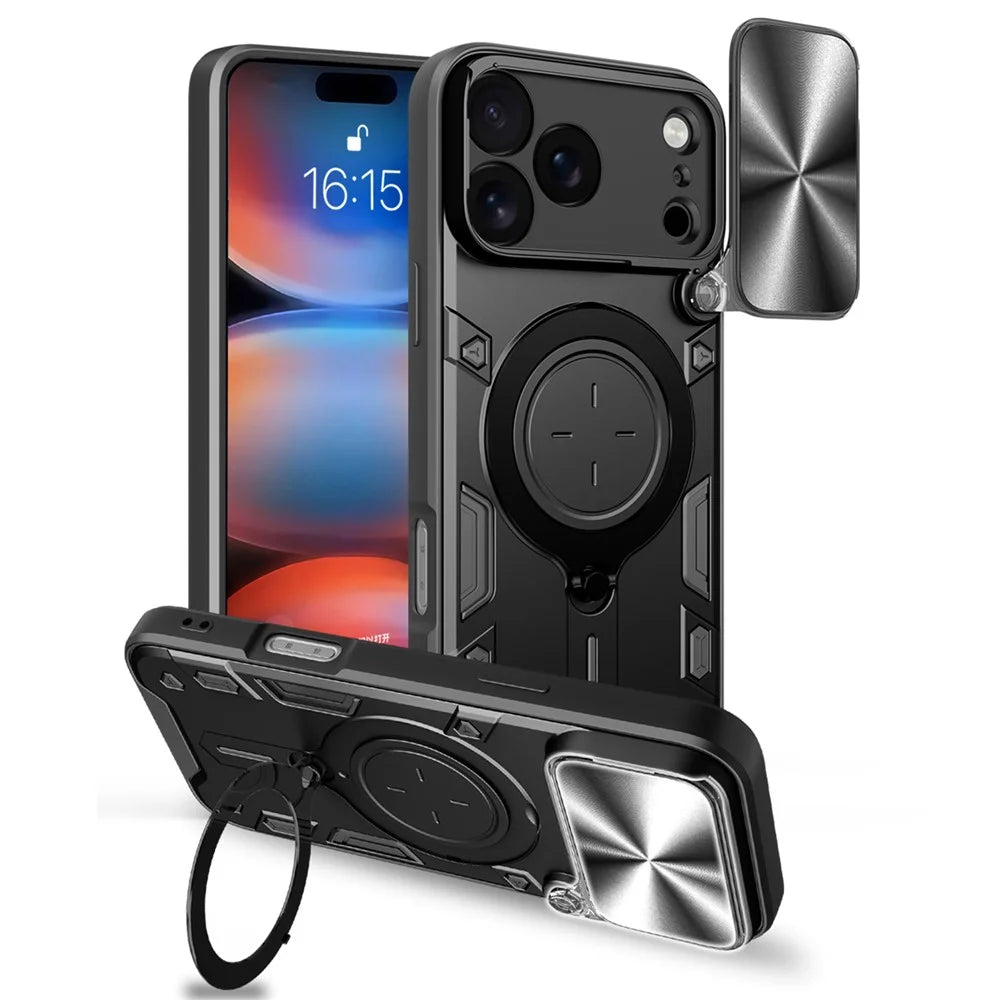 For iPhone 17 Pro Max Case TPU + PC Phone Cover with Kickstand , Slide Lens Window - Black - 1