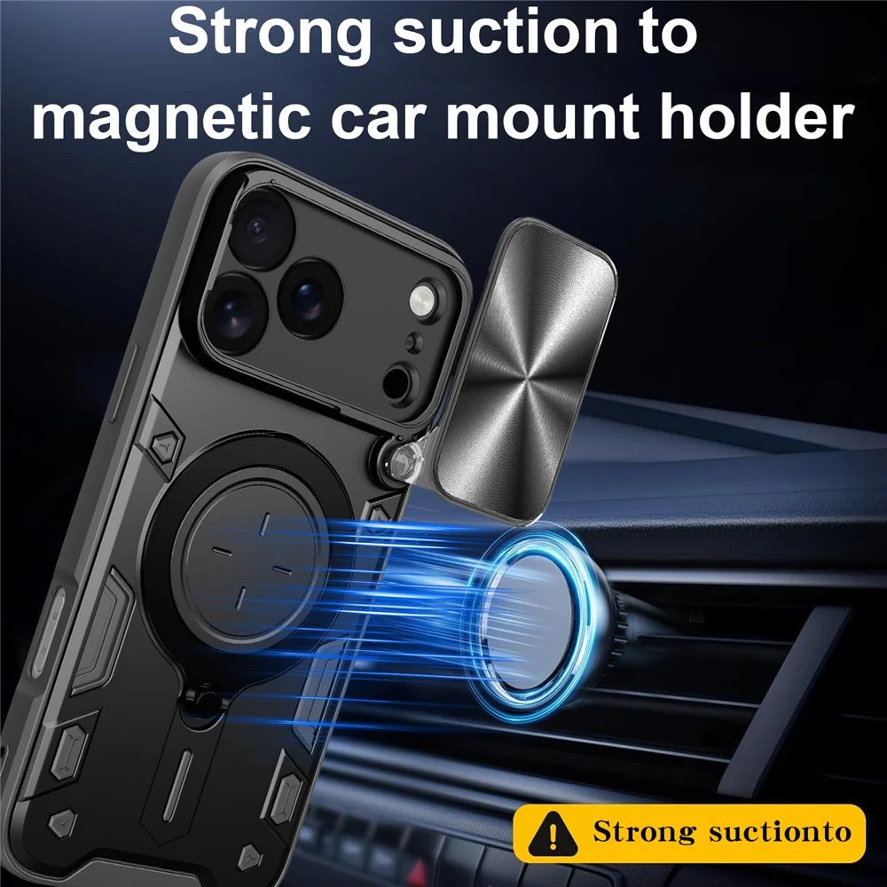 For iPhone 17 Pro Max Case TPU + PC Phone Cover with Kickstand , Slide Lens Window - Black - 3