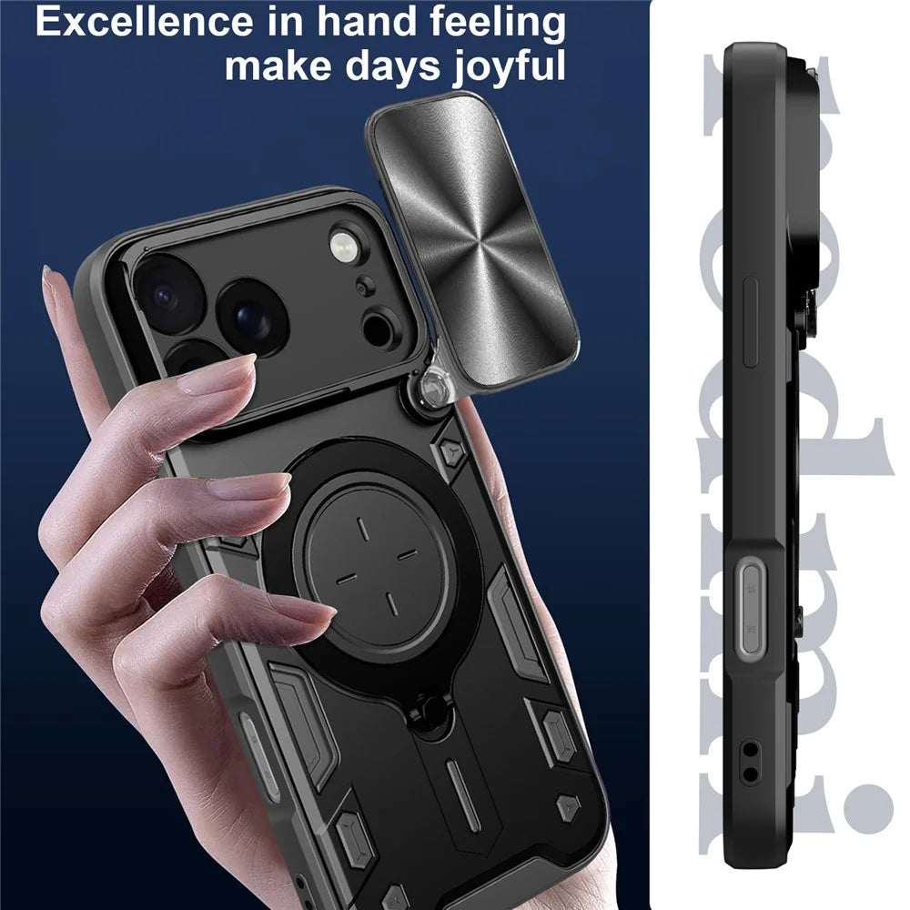 For iPhone 17 Pro Max Case TPU + PC Phone Cover with Kickstand , Slide Lens Window - Black - 4