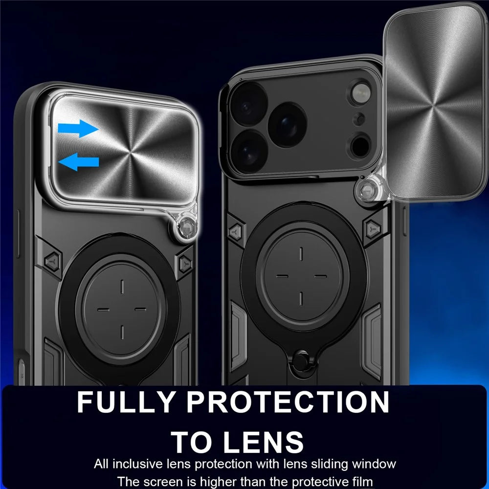 For iPhone 17 Pro Max Case TPU + PC Phone Cover with Kickstand , Slide Lens Window - Black - 6