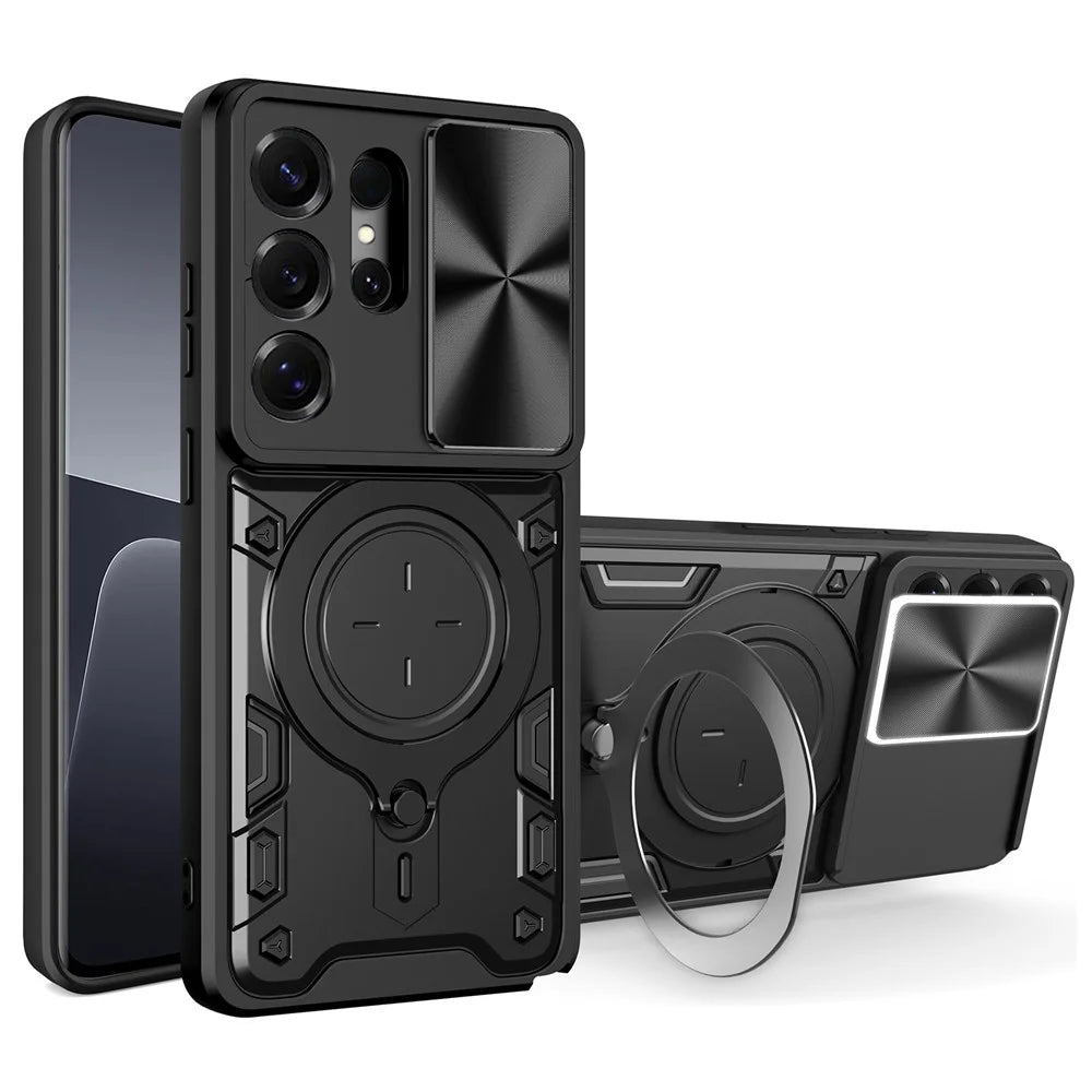 For Samsung Galaxy S26 Ultra Case TPU + PC Phone Cover with Kickstand , Slide Lens Window - Black - 1