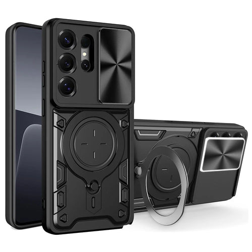 For Samsung Galaxy S26 Ultra Case TPU + PC Phone Cover with Kickstand , Slide Lens Window - Black - 1