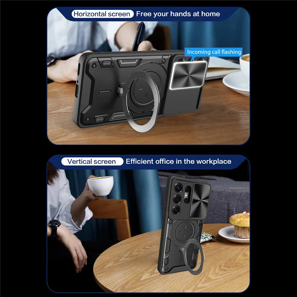 For Samsung Galaxy S26 Ultra Case TPU + PC Phone Cover with Kickstand , Slide Lens Window - Black - 3