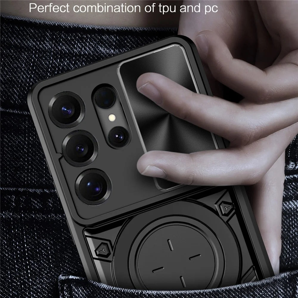 For Samsung Galaxy S26 Ultra Case TPU + PC Phone Cover with Kickstand , Slide Lens Window - Black - 6
