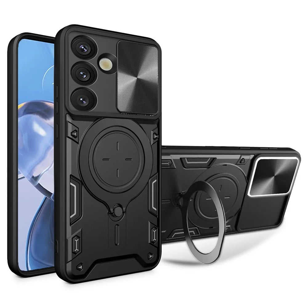 For Samsung Galaxy S26+ Case TPU + PC Phone Cover with Kickstand , Slide Lens Window - Black - 1