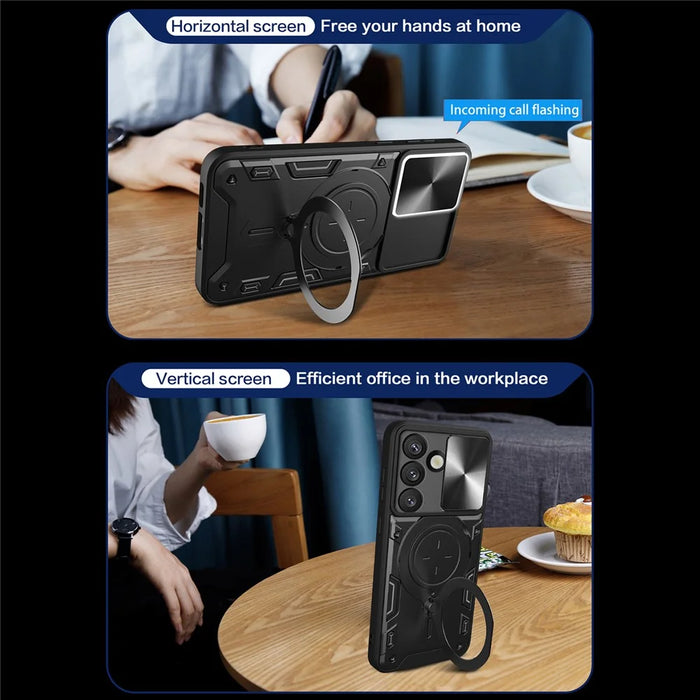 For Samsung Galaxy S26+ Case TPU + PC Phone Cover with Kickstand , Slide Lens Window - Black - 4