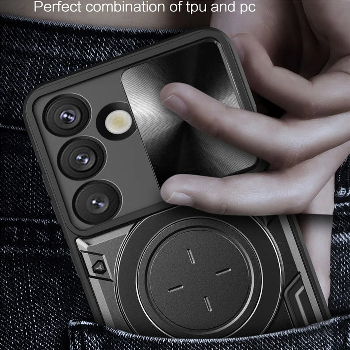 For Samsung Galaxy S25 Case TPU + PC Phone Cover with Kickstand , Slide Lens Window - Black - 7