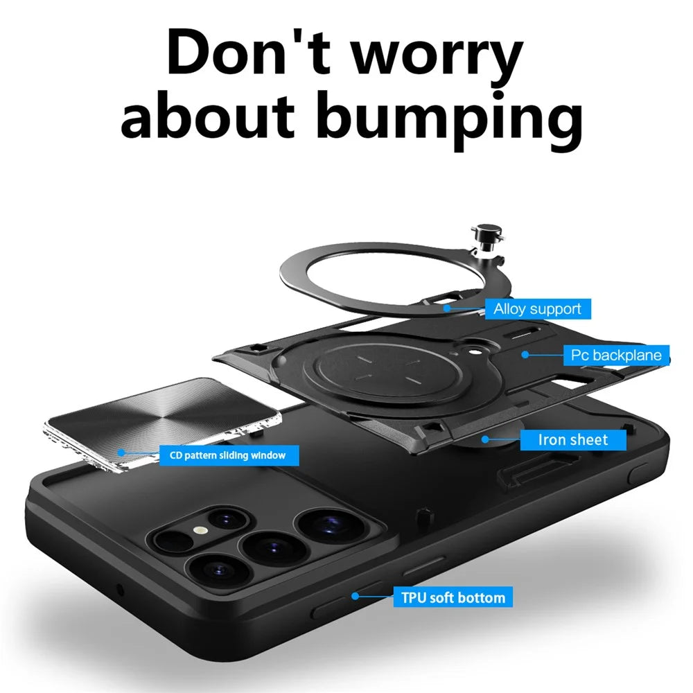 For Samsung Galaxy S25 Ultra Case TPU + PC Phone Cover with Kickstand , Slide Lens Window - Black - 2