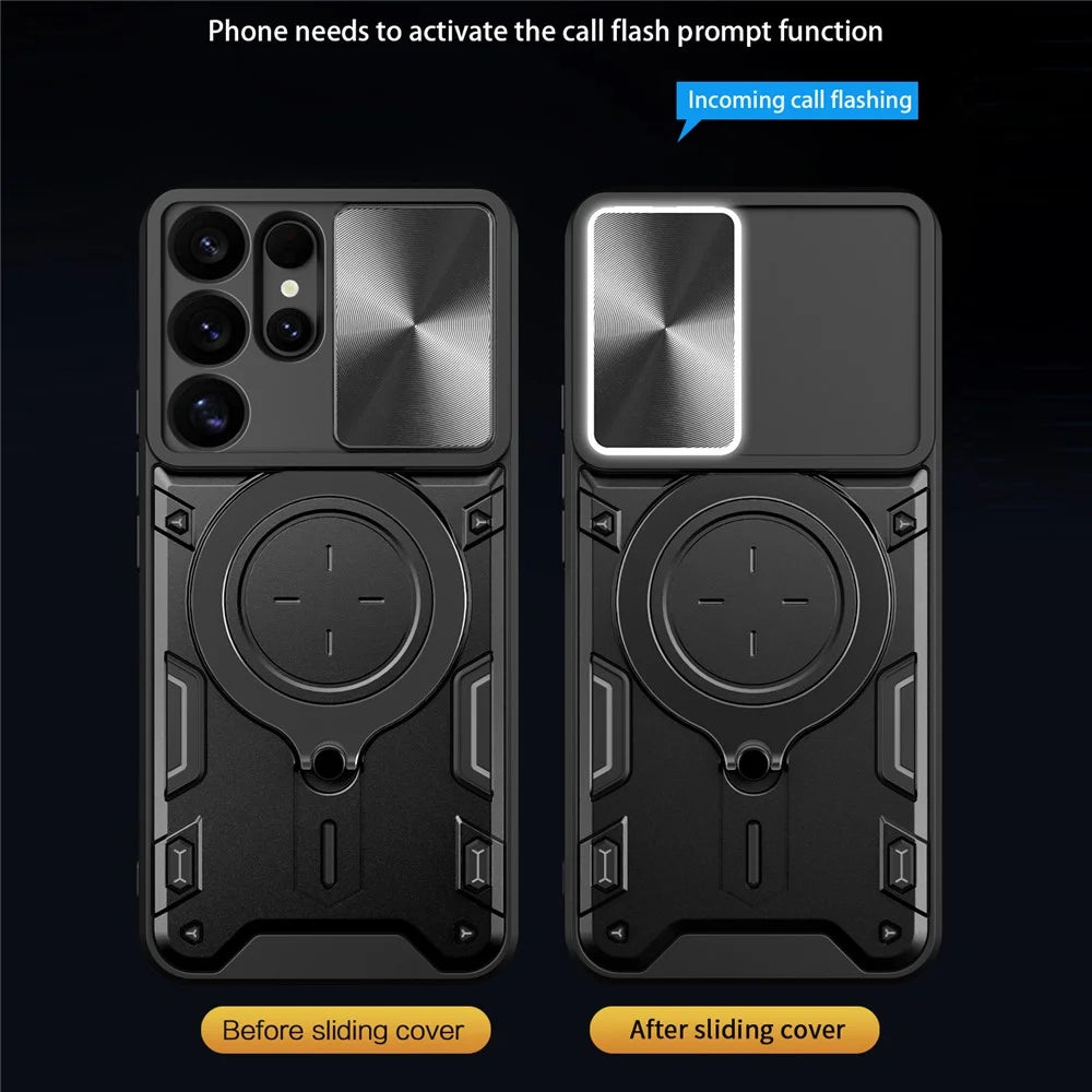 For Samsung Galaxy S25 Ultra Case TPU + PC Phone Cover with Kickstand , Slide Lens Window - Black - 6