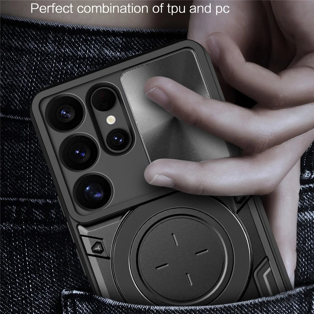 For Samsung Galaxy S25 Ultra Case TPU + PC Phone Cover with Kickstand , Slide Lens Window - Black - 7