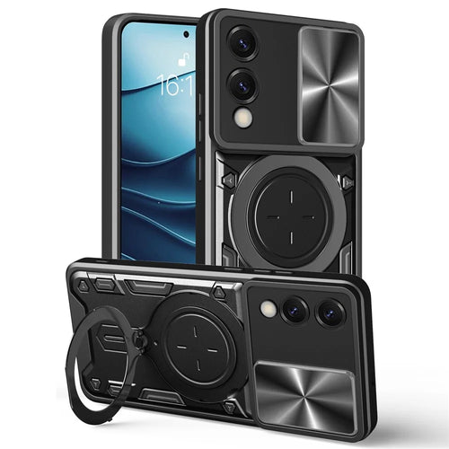 For Samsung Galaxy S25 Edge Case TPU + PC Phone Cover with Kickstand , Slide Lens Window - Black - 1