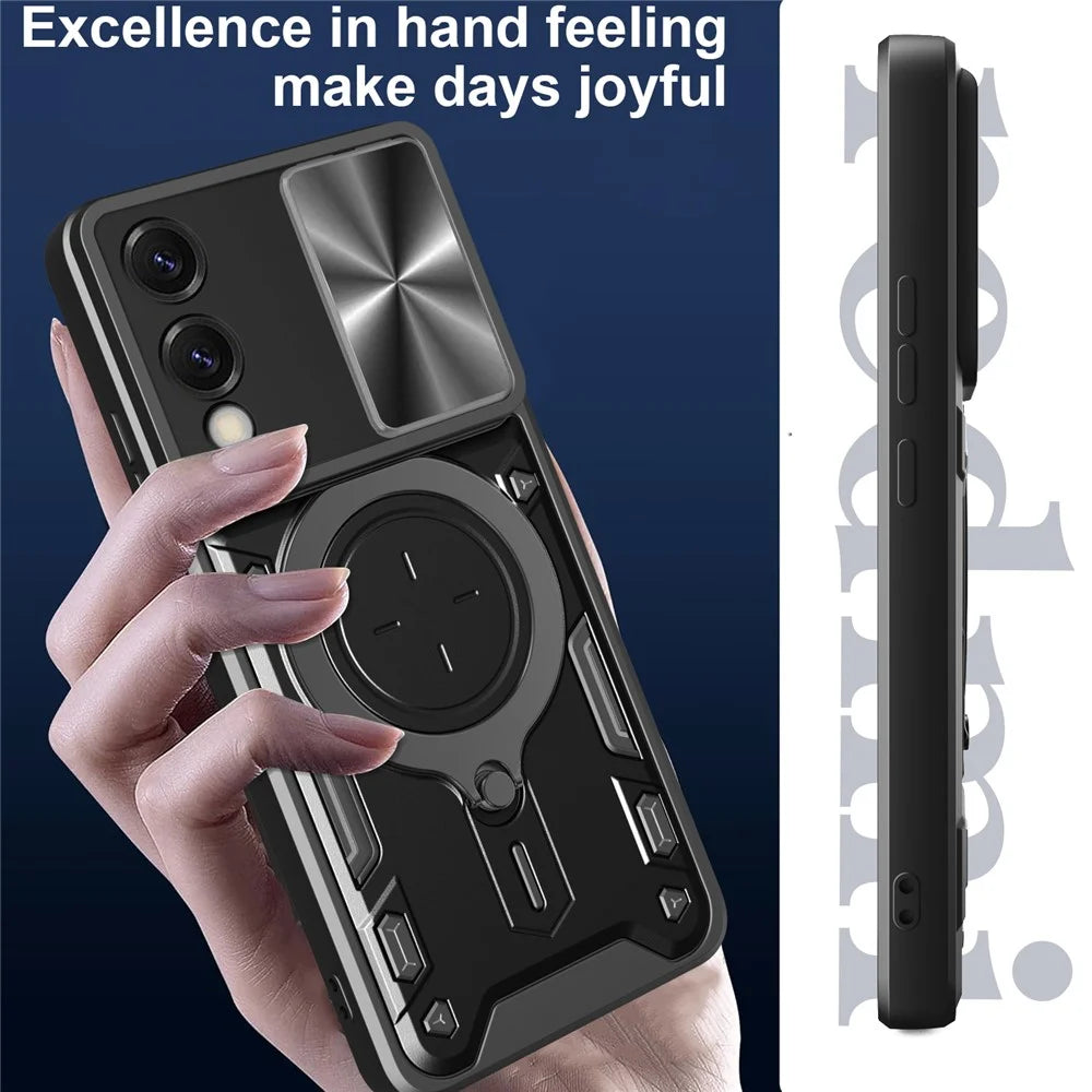For Samsung Galaxy S25 Edge Case TPU + PC Phone Cover with Kickstand , Slide Lens Window - Black - 5