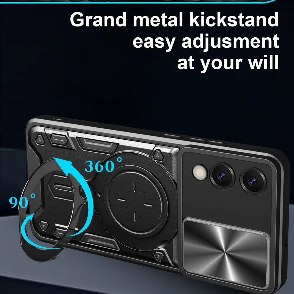 For Samsung Galaxy S25 Edge Case TPU + PC Phone Cover with Kickstand , Slide Lens Window - Black - 6