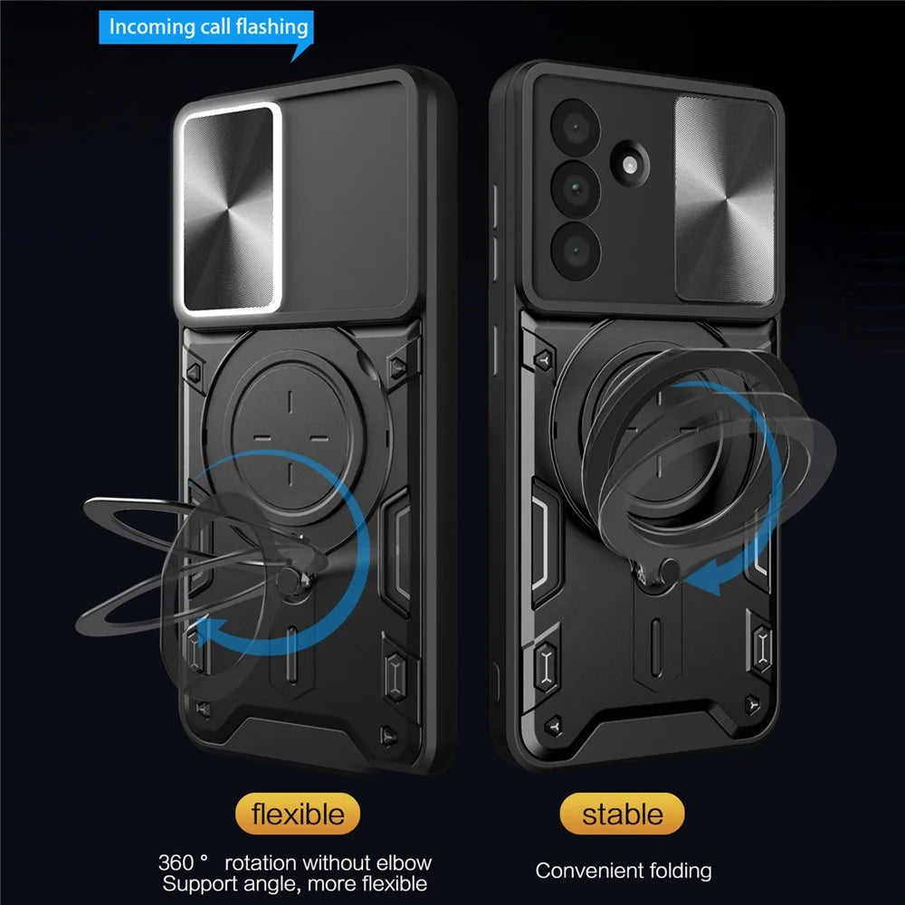 For Samsung Galaxy A18 5G / A18 4G / A17 5G / A17 4G Case TPU + PC Phone Cover with Kickstand , Slide Lens Window - Black - 3