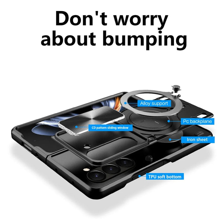 For Samsung Galaxy Z Fold6 5G Case TPU + PC Phone Cover with Kickstand , Slide Lens Window - Black - 2