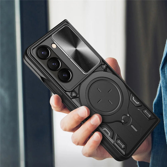 For Samsung Galaxy Z Fold6 5G Case TPU + PC Phone Cover with Kickstand , Slide Lens Window - Black - 3