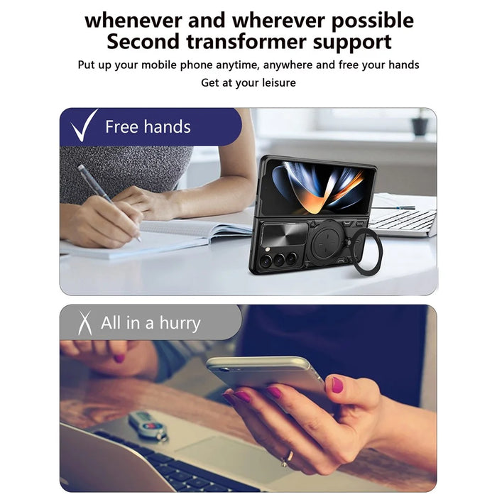 For Samsung Galaxy Z Fold6 5G Case TPU + PC Phone Cover with Kickstand , Slide Lens Window - Black - 4