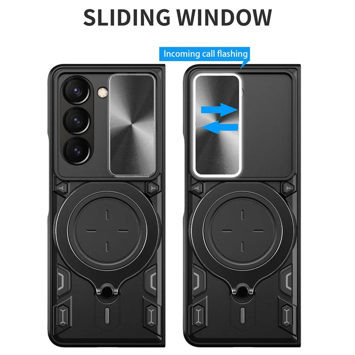 For Samsung Galaxy Z Fold6 5G Case TPU + PC Phone Cover with Kickstand , Slide Lens Window - Black - 6
