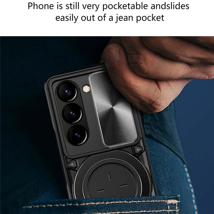 For Samsung Galaxy Z Fold6 5G Case TPU + PC Phone Cover with Kickstand , Slide Lens Window - Black - 7