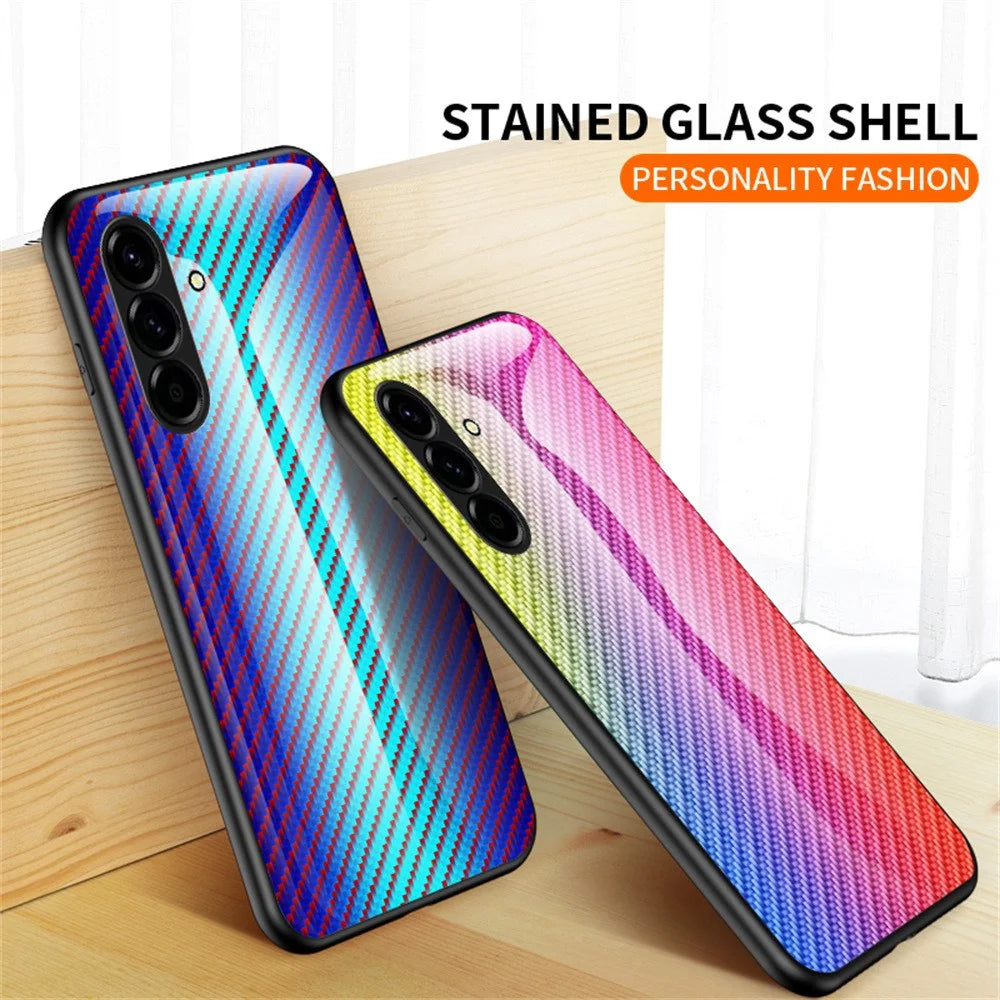 For Samsung Galaxy A37 5G Case Tempered Glass Shockproof Phone Cover - Black Fiber - 5