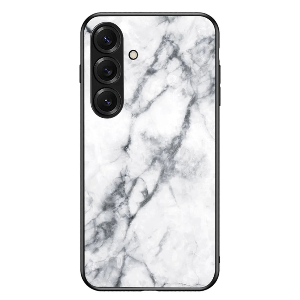 For Samsung Galaxy S26+ Case Marble Pattern Tempered Glass + PC + TPU Protective Phone Cover - White Marble - 1