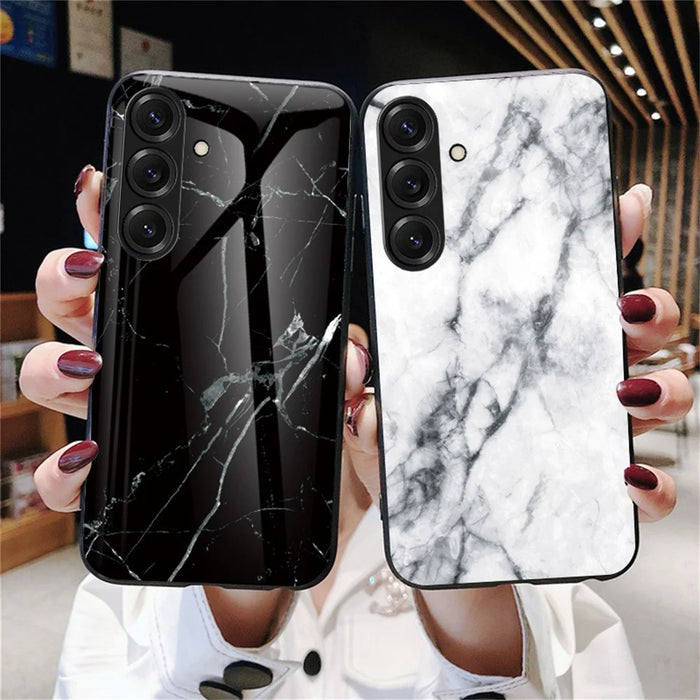 For Samsung Galaxy S26+ Case Marble Pattern Tempered Glass + PC + TPU Protective Phone Cover - White Marble - 5