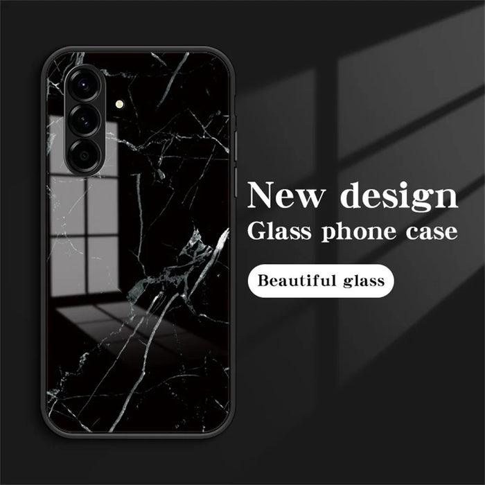 For Samsung Galaxy A27 5G Case Marble Pattern Tempered Glass + PC + TPU Protective Phone Cover - Black Marble - 2