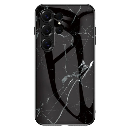 For Samsung Galaxy S26 Ultra Case Marble Pattern Tempered Glass + PC + TPU Protective Phone Cover - Black Marble - 1