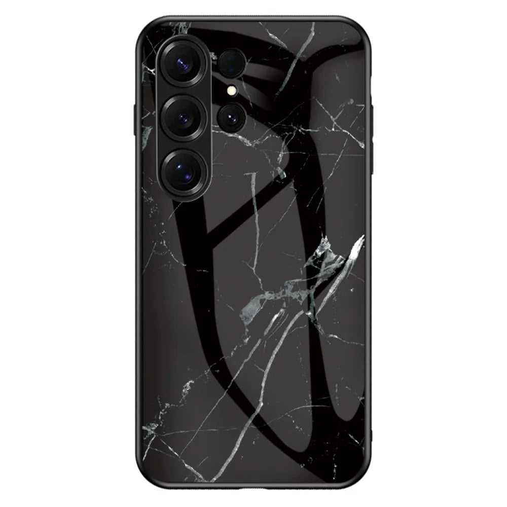 For Samsung Galaxy S26 Ultra Case Marble Pattern Tempered Glass + PC + TPU Protective Phone Cover - Black Marble - 1
