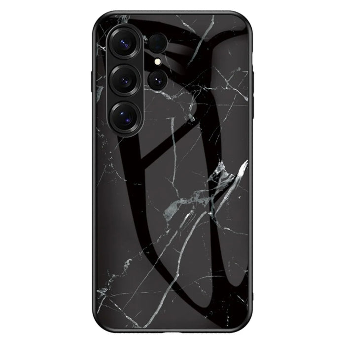 For Samsung Galaxy S26 Ultra Case Marble Pattern Tempered Glass + PC + TPU Protective Phone Cover - Black Marble - 1