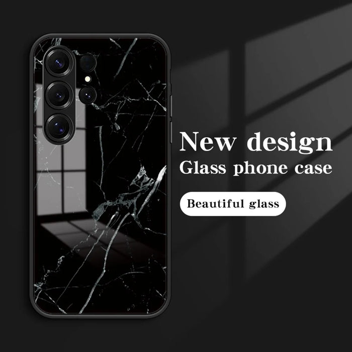 For Samsung Galaxy S26 Ultra Case Marble Pattern Tempered Glass + PC + TPU Protective Phone Cover - Black Marble - 2
