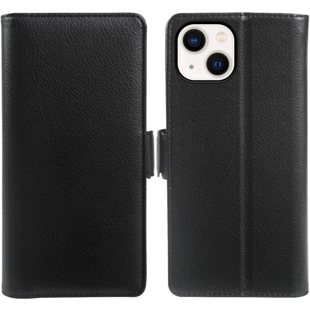 For iPhone 13 Wallet Case with Dual Magnetic Clasp Litchi Textured Leather Flip Stand Phone Cover - Black - 1