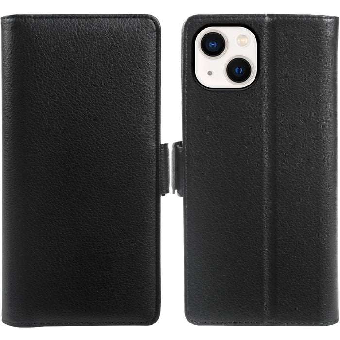 For iPhone 13 Wallet Case with Dual Magnetic Clasp Litchi Textured Leather Flip Stand Phone Cover - Black - 1