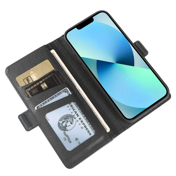 For iPhone 13 Wallet Case with Dual Magnetic Clasp Litchi Textured Leather Flip Stand Phone Cover - Black - 3