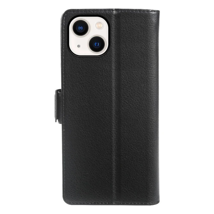 For iPhone 13 Wallet Case with Dual Magnetic Clasp Litchi Textured Leather Flip Stand Phone Cover - Black - 6