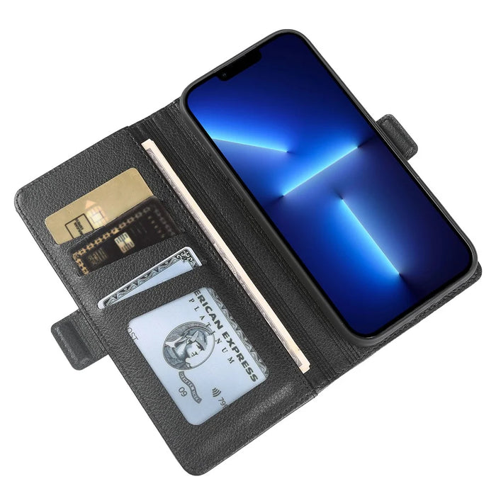 For iPhone 13 Pro Max Wallet Case with Dual Magnetic Clasp Litchi Textured Leather Flip Stand Phone Cover - Black - 3