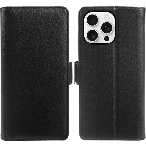 For iPhone 13 Pro Wallet Case with Dual Magnetic Clasp Litchi Textured Leather Flip Stand Phone Cover - Black - 1