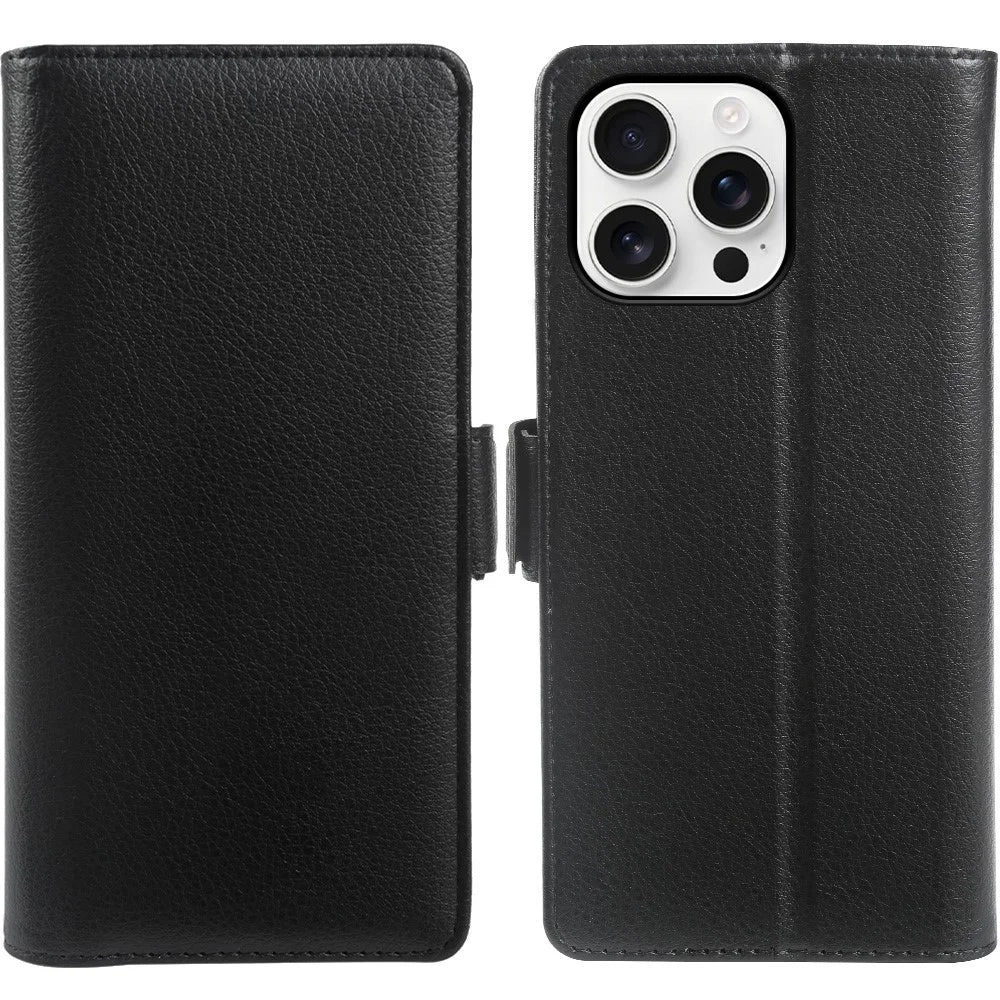 For iPhone 13 Pro Wallet Case with Dual Magnetic Clasp Litchi Textured Leather Flip Stand Phone Cover - Black - 1