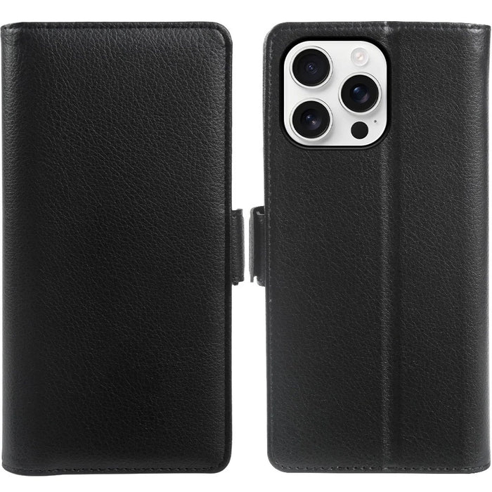 For iPhone 13 Pro Wallet Case with Dual Magnetic Clasp Litchi Textured Leather Flip Stand Phone Cover - Black - 1