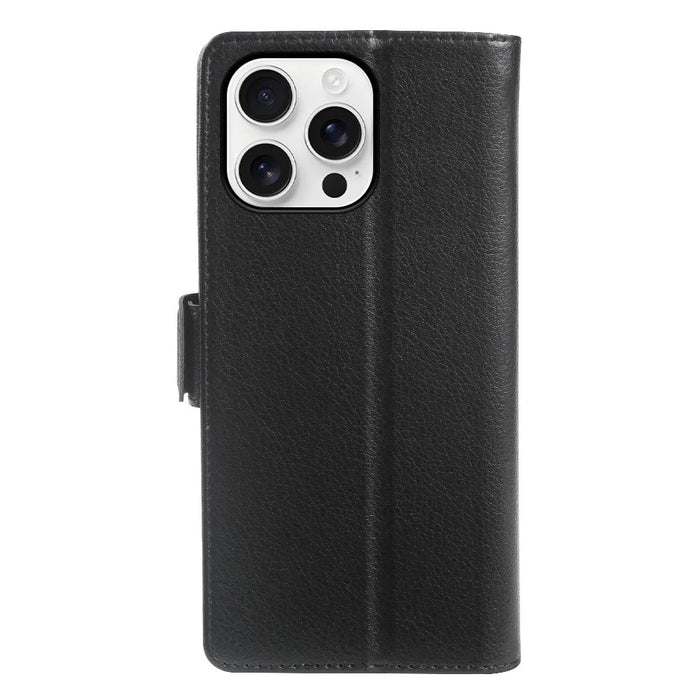 For iPhone 13 Pro Wallet Case with Dual Magnetic Clasp Litchi Textured Leather Flip Stand Phone Cover - Black - 6