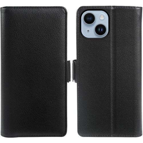 For iPhone 14 Wallet Case with Dual Magnetic Clasp Litchi Textured Leather Flip Stand Phone Cover - Black - 1